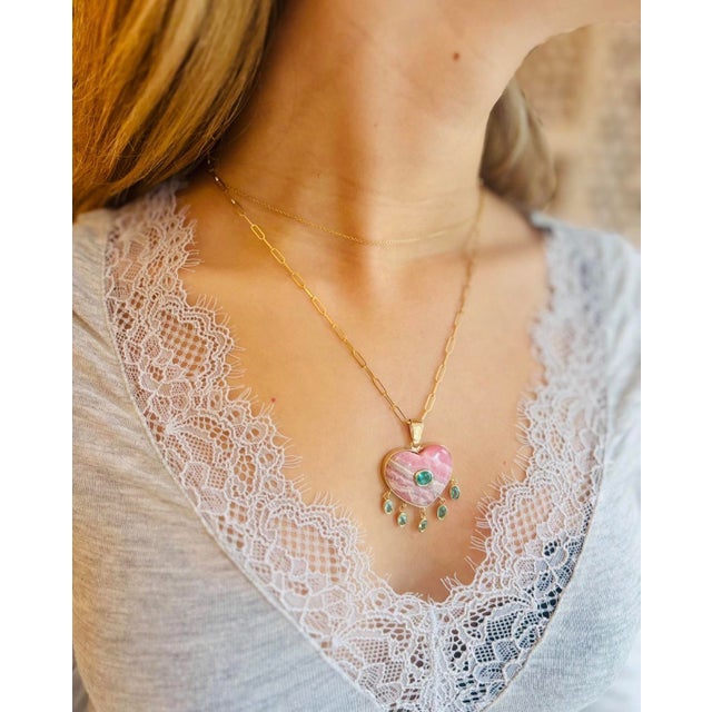 Large Rhodochrosite Heart Pendant With Emeralds & 14k Gold For Sale - Image 9 of 14