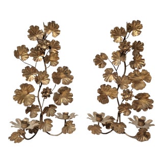 Vintage Italian Tole Ginko Leaf Floral Wall Candle Sconces - a Pair For Sale