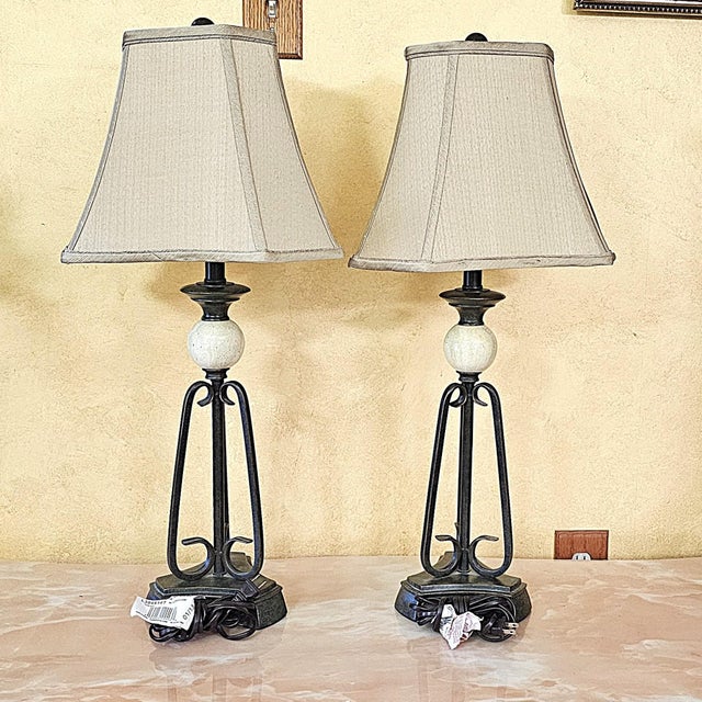 Mediterranean Pair of Uttermost Wrought Iron & Ceramic Sphere Table Lamps For Sale - Image 3 of 18