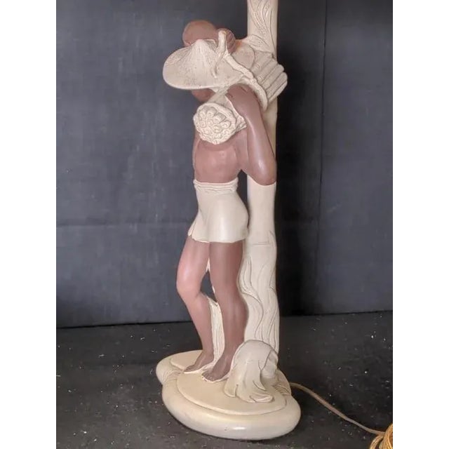 Pair 1952 Signed C. Romanelli/Stern Ind. Polynesian Male & Female Figural Lamps W/ Shades For Sale - Image 6 of 13