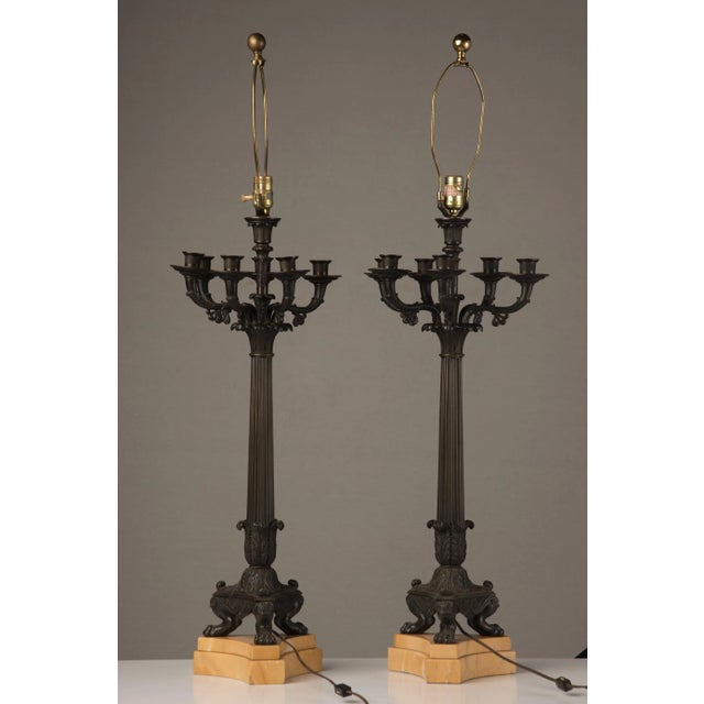 1950s Georgian Bronze Five Arm Candelabra Lamps - a Pair For Sale In Philadelphia - Image 6 of 13