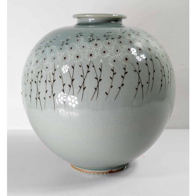 Mid-Century Modern Mid-Century Modern Korean Celadon Vase With Parade of Flowers, Signed For Sale - Image 3 of 13