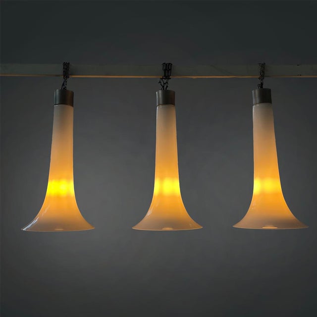 Italian Modern Chandeliers in White Opaline Glass and Metal, 1970s, Set of 3 For Sale - Image 4 of 11