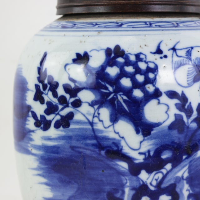 Blue and White Antique Porcelain Vase Lamp With Cobalt Floral Motif on Wood Base For Sale - Image 14 of 16