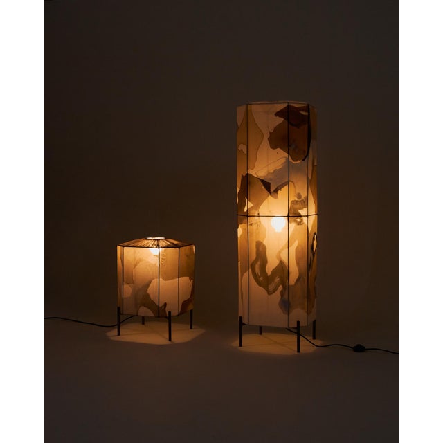 Cream Hand-Painted Silk Standing Floor Lantern on Metal Base For Sale - Image 8 of 8