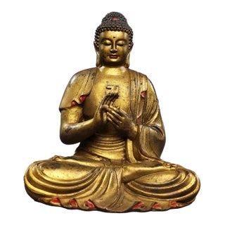 Vintage Gilt Bronze Seated Shakyamuni Buddha Statue With Meditation Mudra For Sale