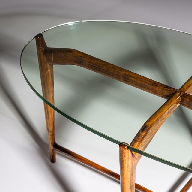 Mid-Century Modern Oval Coffee Table, Walnut Base, Glass Top, Italy For Sale - Image 4 of 15