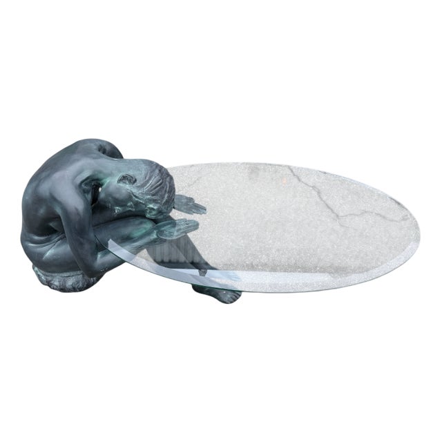 Vintage Coffee Table with Patinated Bronze and Glass by Marc Thouy, 1970s, Set of 2 For Sale