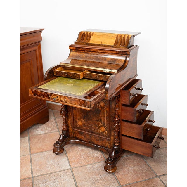 Antique Victorian Burl Walnut Writing Desk with Maple Inlay, England, 1800s For Sale - Image 5 of 11