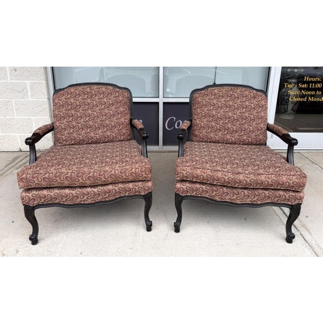 Fairfield Pair of Fairfield Paisley Fauteuil Chairs With Ottoman For Sale - Image 4 of 18