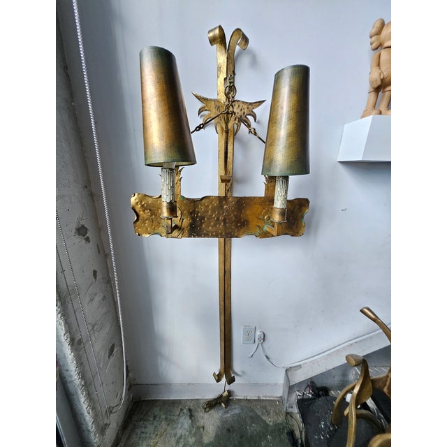 Large 5 Foot 1920's Hammered Ironand Copper Dragon Wall Sconce sold as found in good condition showing normal signs of use...