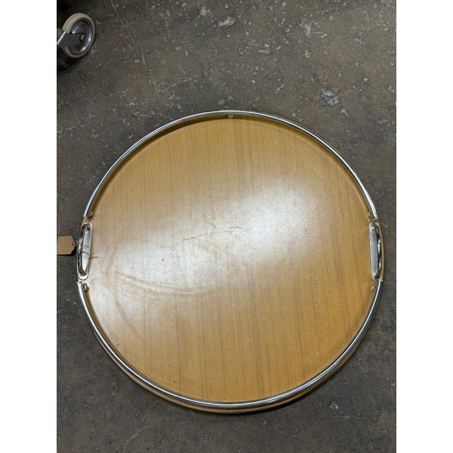 Vintage French Mid-Century Chrome & Wood Two-Tier Bar Cart With Removable Tray For Sale - Image 9 of 10