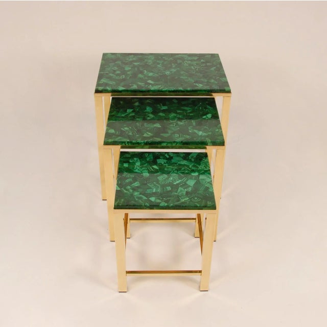 Mid Century Side Table Gold Malachite Nesting Tables Modern Gold Gilded Brass Marble Top Nest Tables French Tariff Free Delivery- Set of 3 For Sale - Image 11 of 12