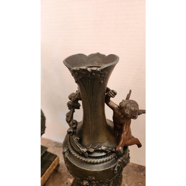 Metal Pair of 1900s Bronze Cherub Ornamental Vases For Sale - Image 7 of 8
