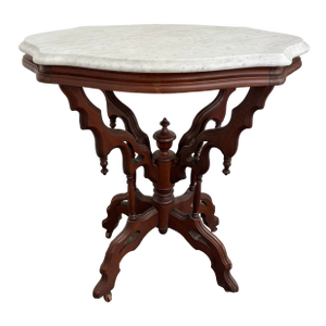 1800s Victorian Carved Mahogany Marble Top Table on Casters