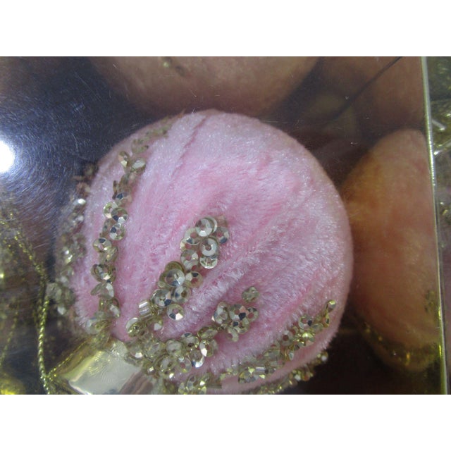 2010s Pink Velvet Christmas Ornaments Gold Sequin Accents in Original Box a Set of Six For Sale - Image 5 of 8