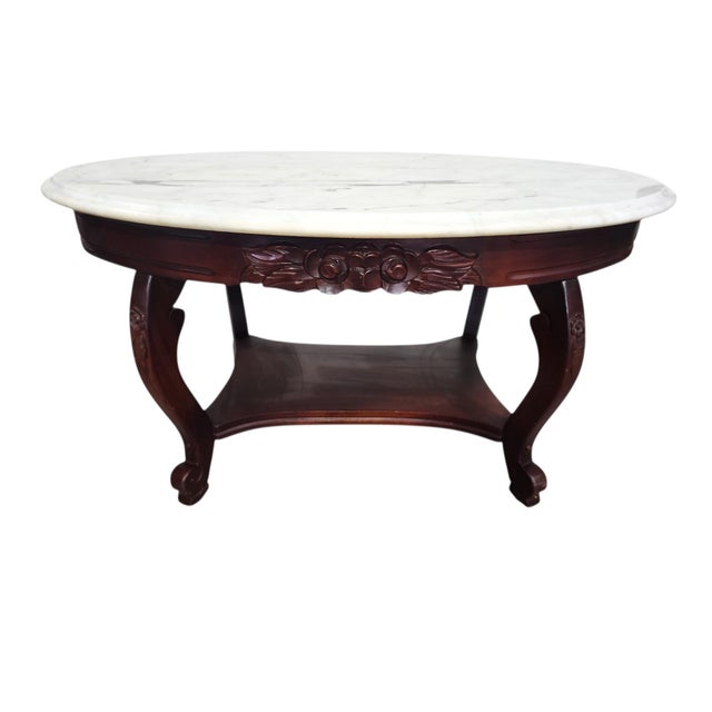 Excellent condition trio of cherry lyre base side tables and matching coffee table, Italian Carrara marble topped, made by...