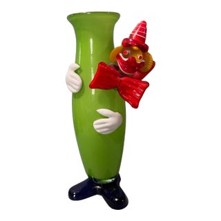 Vintage Murano Multi Colored Art Glass Figural Clown 11.25" Green & Red Vase For Sale