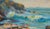Charming 1930's impressionistic seascape of blue waves crashing on a rocky shore with distant sail boats on the horizon by...