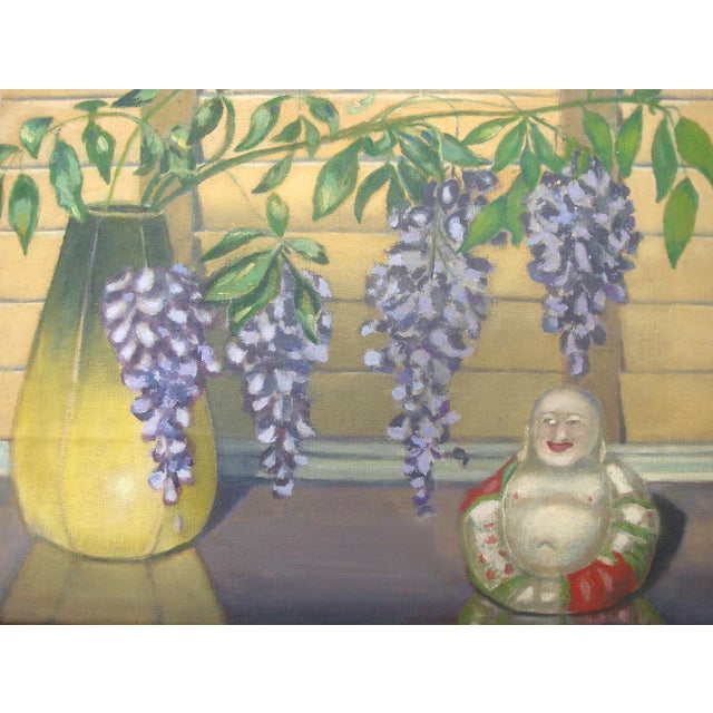 Eclectic Asian themed tablescape vignette oil painting featuring a laughing buddha figurine and a tall yellow panel vase...