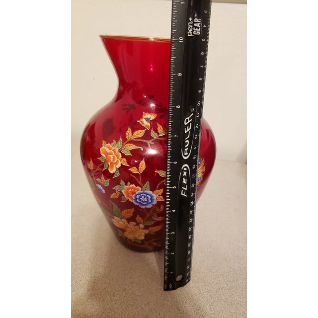 Vintage Norleans Ruby Red W/ Butterflies & Flowers 10" Vase For Sale - Image 4 of 6