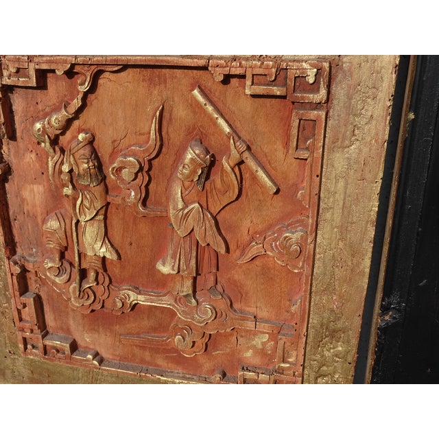 Pair Antique Chinese Hand Carved Gold & Red Panel Screens Pictures Wall Decor For Sale - Image 9 of 18