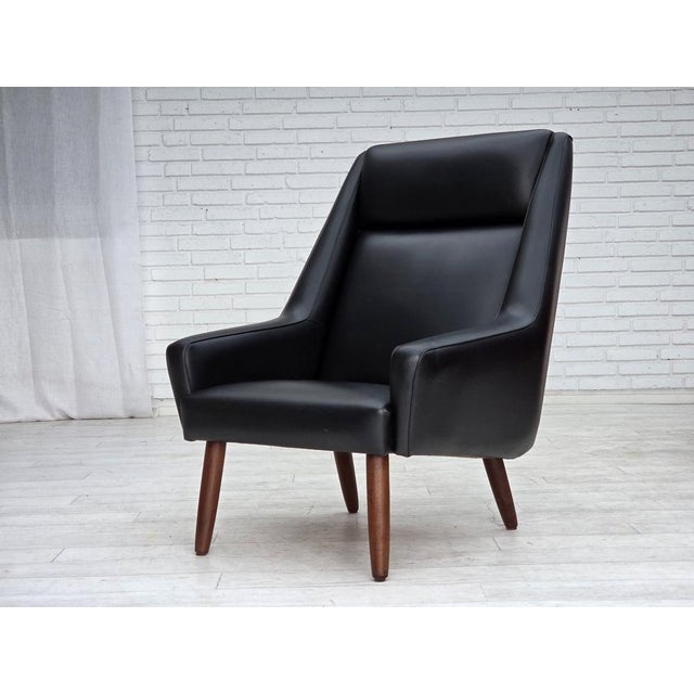 Danish Highback Armchair in Black Leatherette and Teak, 1970s For Sale - Image 17 of 18