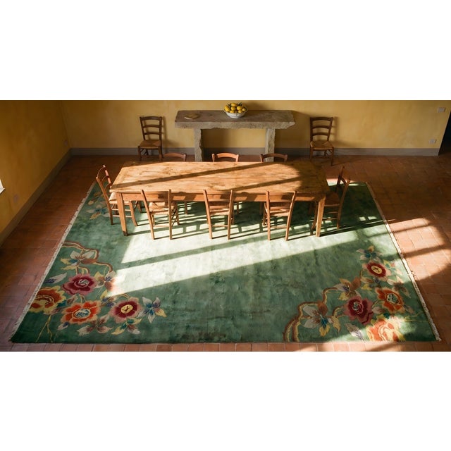 1930s Green Open Floral Antique Chinese Art Deco Carpet 8' 7" X 11' 4" Knotted Pile Wool Rug For Sale - Image 14 of 15