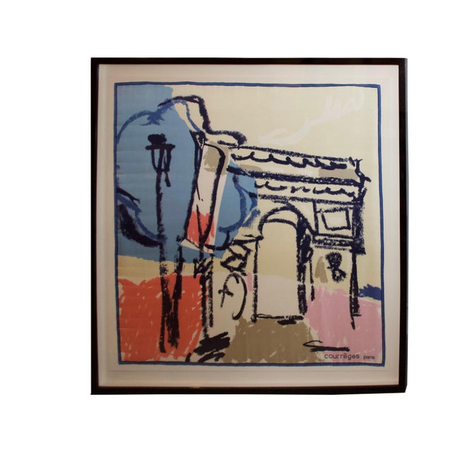 Rare silk Courrèges scarf of the most famous monument in Paris, France. Set in a modern espresso teak box frame. Andrianna...