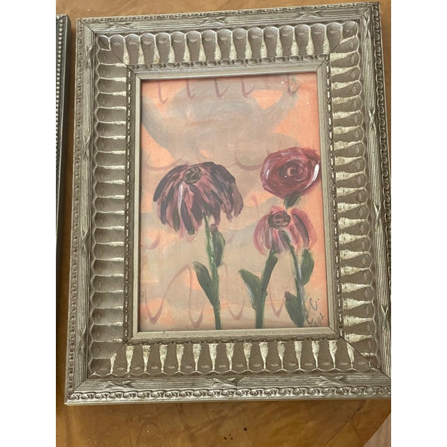 1970s 1970s Pair Abstract Modern Floral Small Paintings Framed For Sale - Image 5 of 7