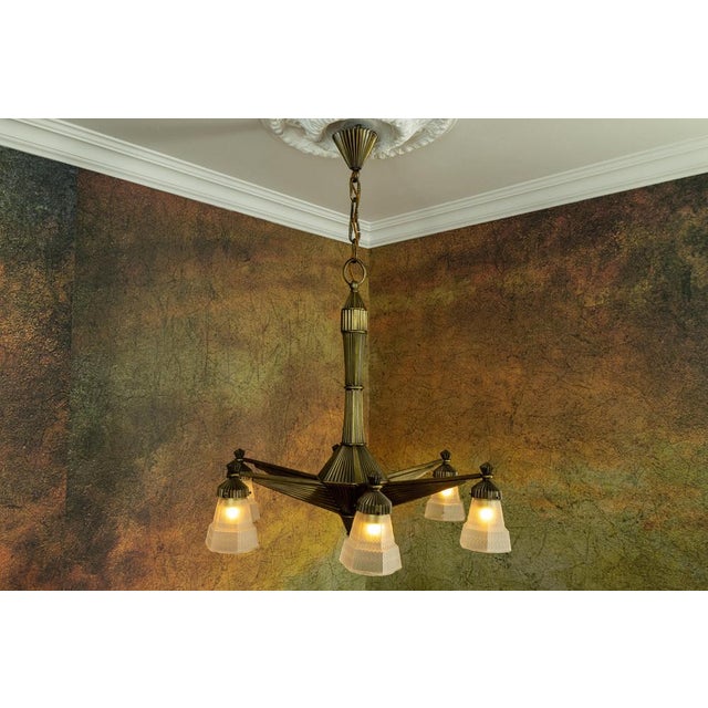 Gold Art Deco French Bronze and Frosted White Glass Six-Light Chandelier, 1920 For Sale - Image 8 of 18