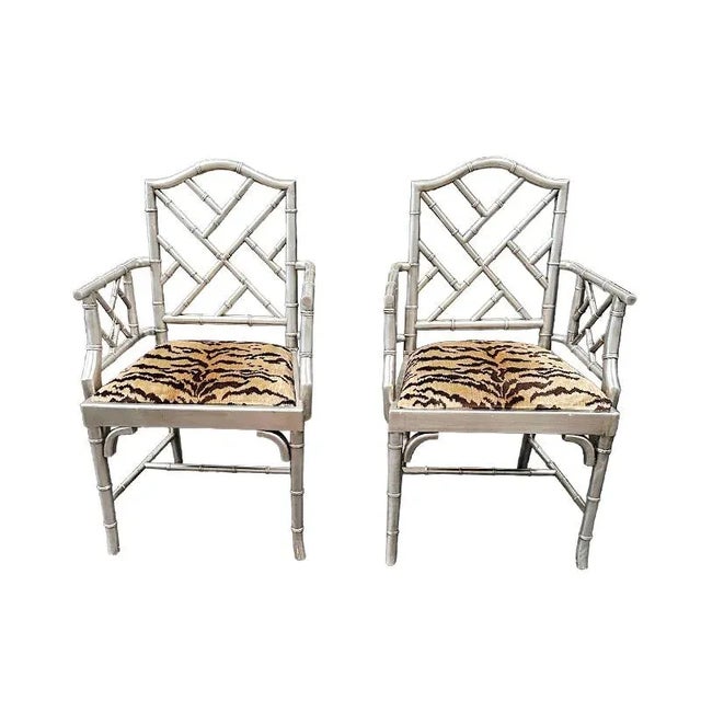 Silver Vintage Chippendale Faux Bamboo Arm Chairs - a Pair For Sale - Image 8 of 8