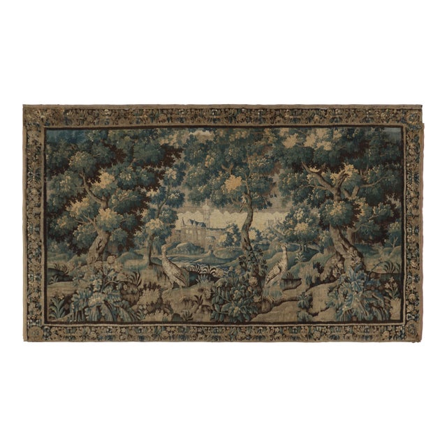 Antique French Needlepoint Pictorial Tapestry in Blue and Cream Tones - Rug & Kilim For Sale