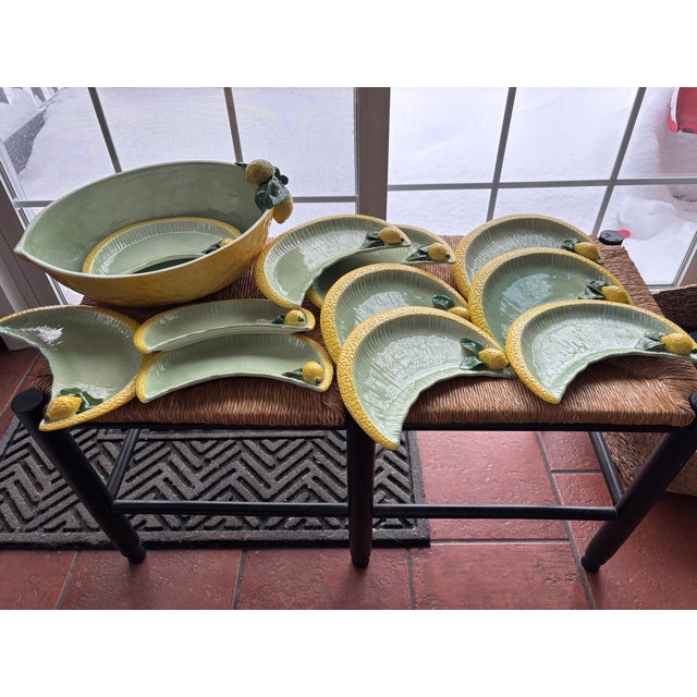 Italian 1970s Walter Hatches Inc Italian Majolica Lemon Figural Bowl and Eleven (11) Plates Vintage Decor For Sale - Image 3 of 12