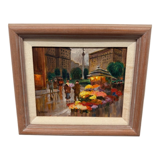 Lorain San Francisco Flower Market Oil Painting, Signed For Sale