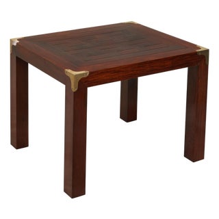 English Midcentury Campaign Style Side Table with Parquet Top and Brass Braces For Sale