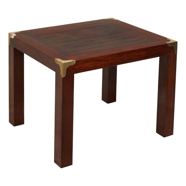 English Midcentury Campaign Style Side Table with Parquet Top and Brass Braces For Sale