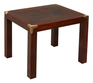 English Midcentury Campaign Style Side Table with Parquet Top and Brass Braces
