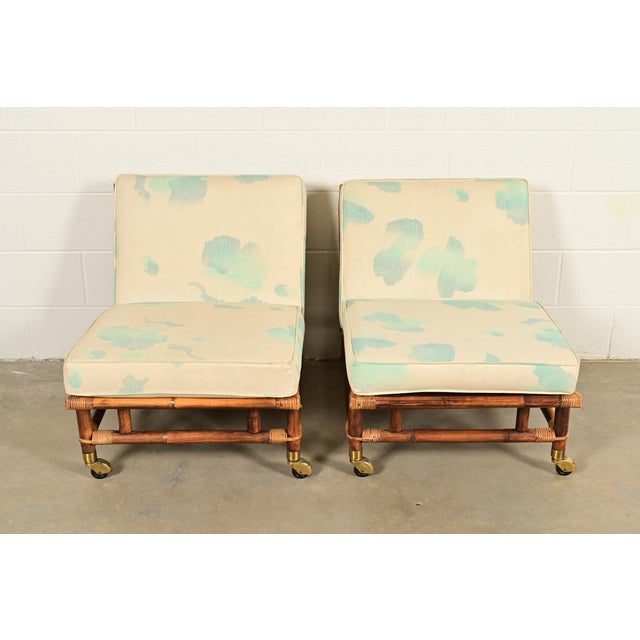 A gorgeous pair of mid-century Hollywood Regency Organic Modern armless lounge chairs By John Wisner for Ficks Reed, "Far...