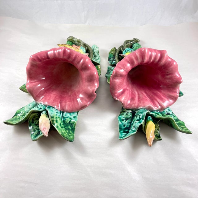 Majolica French Fives-Lille De Bruyn Morning Glory & Butterfly Wall Pockets, 1890, a Pair For Sale - Image 4 of 12