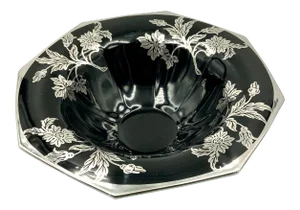 Flower and Leaf Silver Overlay Black Glass Octagonal Footed Bowl