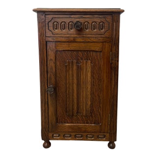 Vintage Welsh Style End Table Cabinet With Drawer and Carved Panel Door For Sale
