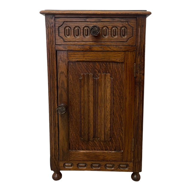 Vintage Welsh Style End Table Cabinet With Drawer and Carved Panel Door For Sale