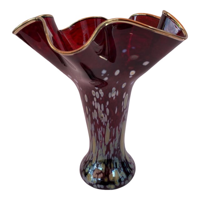 Art Glass Red Trumpet Vase Iridescent Oil Drop Pattern For Sale