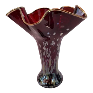 Art Glass Red Trumpet Vase Iridescent Oil Drop Pattern
