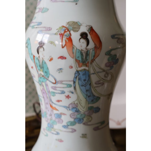 Vintage Chinese Celadon-Ground Famille Rose Celestial Figure Porcelain Table Lamp For Sale - Image 14 of 18