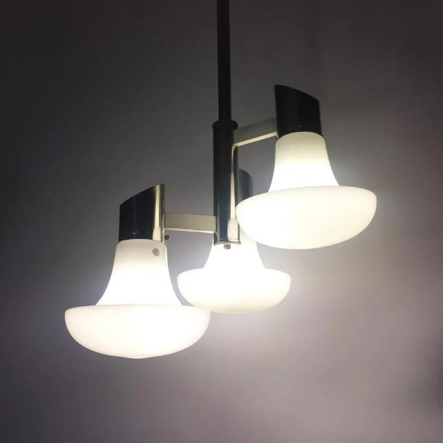 Italian Mid-Century Chrome and Opal Glass Three-Light Chandelier, 1970s For Sale - Image 4 of 8