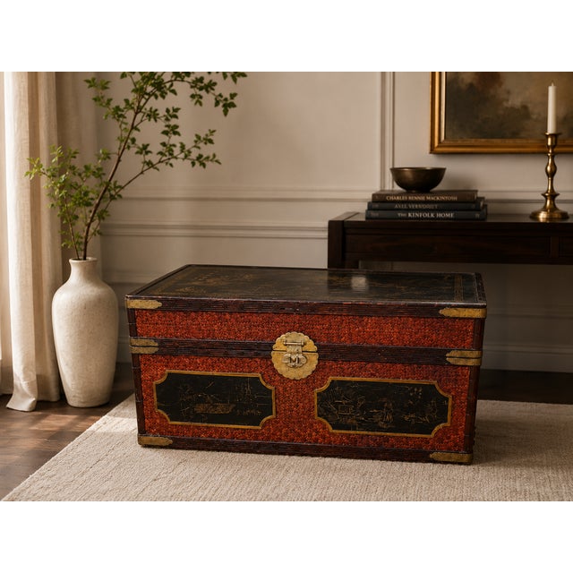 Handmade Attributed Maitland-Smith Chinoiserie Bamboo Trunk Chest With Hand-Painted Panels For Sale - Image 12 of 12