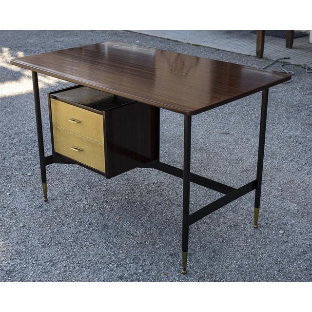 Office desk in wood and metal 2 drawers, 1950s Italian design, particular for the metal structure and the two-tone game of...