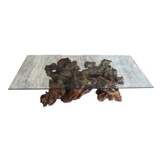 Vintage Sculptural Walnut Root Coffee Table With Beveled Glass Top – Mid-Century Organic Modern For Sale